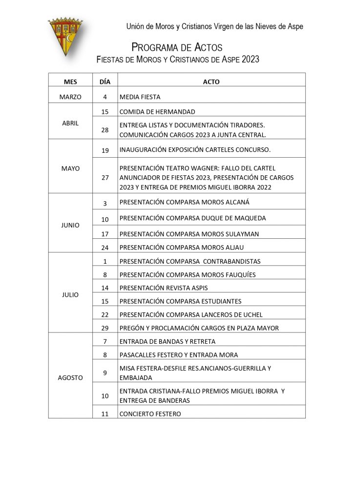 CALENDARIO DE ACTOS FIESTAS DE MOROS Y CRISTIANOS DE ASPE 2023